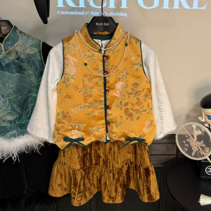 

Girls' Three-Piece Set2025Autumn and Winter New Children's New Chinese Style National Style Vest Baby Girl Three-piece Set31156