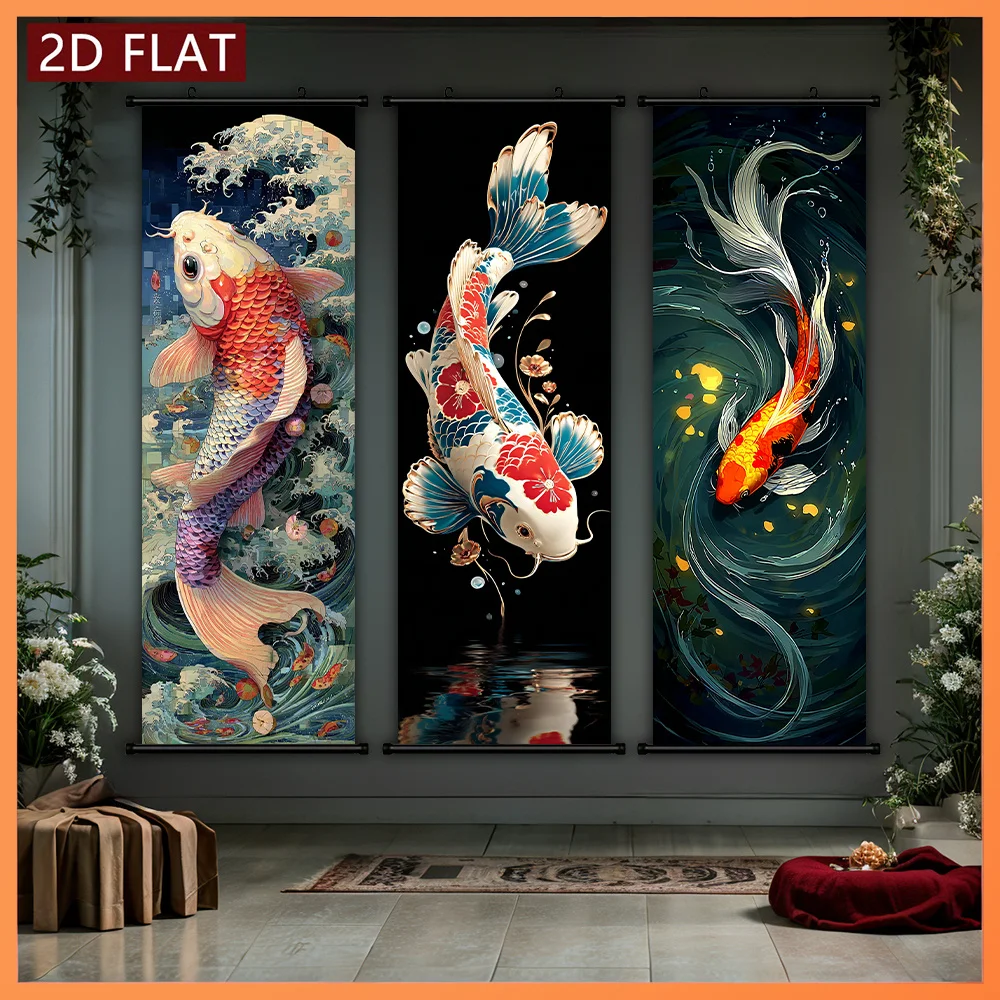 VIKAMA Japanese Koi Fish Ukiyo-e Wave 3 Piece Wall Scroll Tapestry Set Colorful Carp Wall Art Decor for Living Room