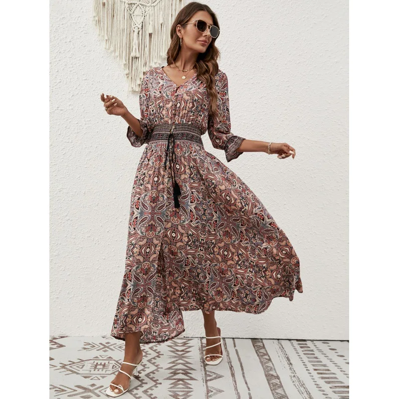 

2025 New Fashion Printed Button Dress Women Summer Casual Puff Sleeve Lace-up Dresses For Women Bohemian Long Skirt For Women