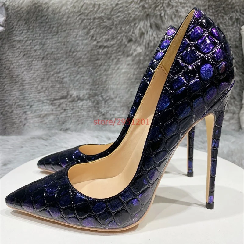 

Deep Blue Crocodile Pattern Women Sexy Pattern Stiletto High Heels 12cm 10cm 8cm Customize Lady Pointy Pumps Chic Party Shoes