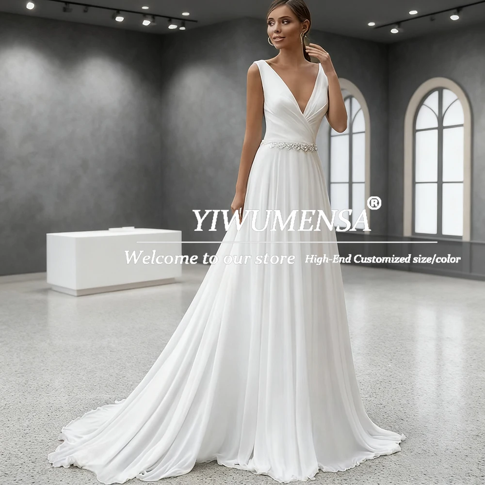 Elegant V Neck Beading Chiffon Wedding Dresses Customized Sleeveless Backless Bridal Gowns Women Formal Party Robe De Mariee