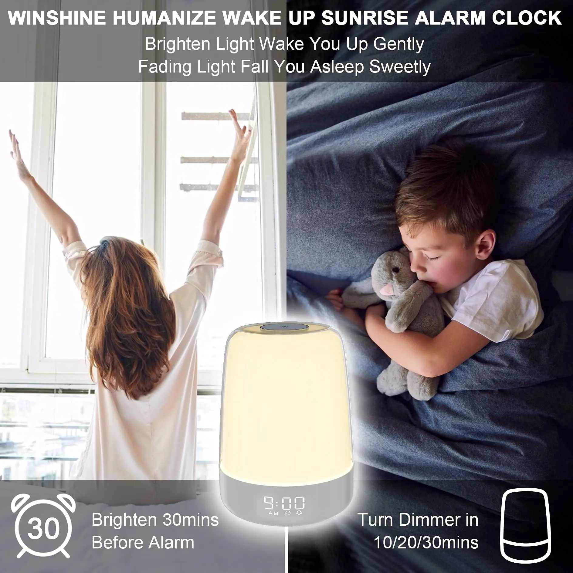 Touch Wake Up Night Light with Sunrise Simulation Alarm Clock, 3 Ways Dimmable Warm White Bedside Lamp for Kid Bedrooms