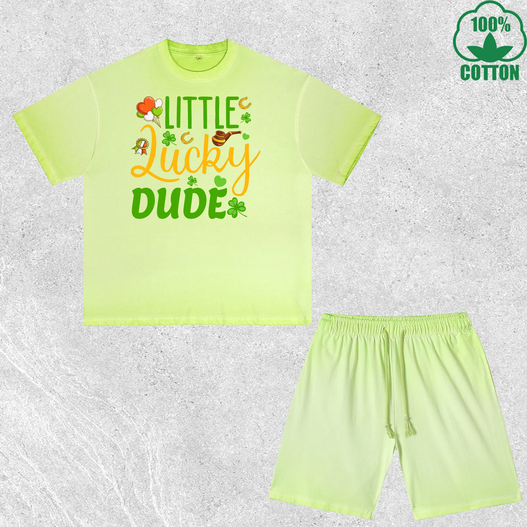 

Комплект из футболки и шорт Little Saint Patrick Dude с принтом, эффектом потертости, разноцветный, свободный крой, модный, 100% хлопок