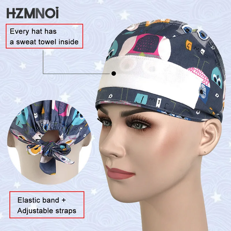 Gorro de enfermera 100% algodón con estampado Floral para mujer, gorro quirúrgico para cirujano, dentista, cocina, salón de belleza, exfoliante ajustable