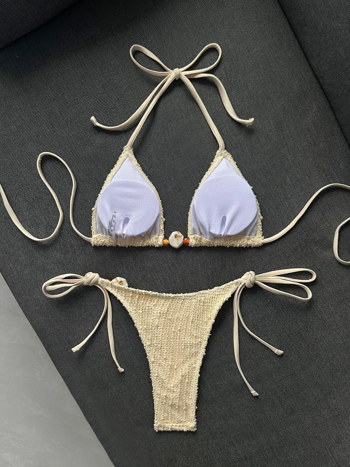 Sexy Beige Shell Push Up Bra Bikini Set 2026 Women Lace-up Stone Triangle Swimsuit Bathing Suit Holiday Micro Swimwear Biquini