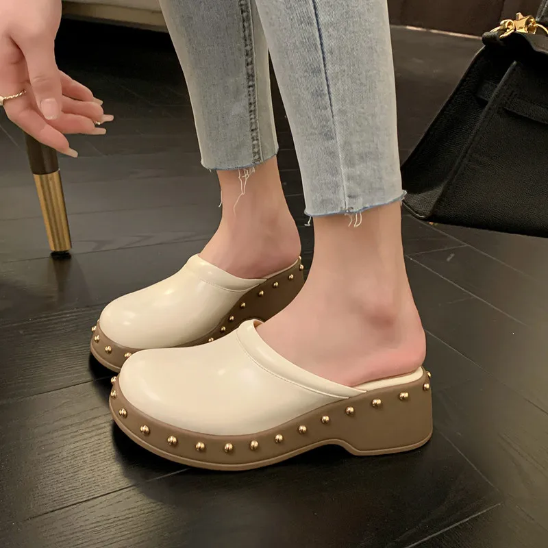 MKKHOU Fashion Sandals Women New High Quality Real Leather Round Head Rivet Thick Sole Elevated Casual Slippers Daily LightShoes