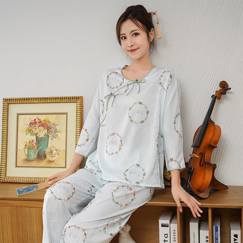 

Night Wear Women Pajamas National Style Design Chiffon Satin Surface Sleepwear Comfortable Leisure Home Clothes For Ladies