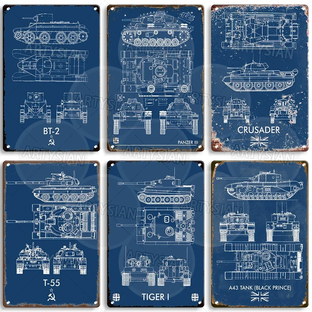 Tank Technical drawing Metal Sign Military Patent Drawing Plaque Tiger I T-27 StuG III FV 304 A7V AMX-30 T-35 Panzer VIII Maus