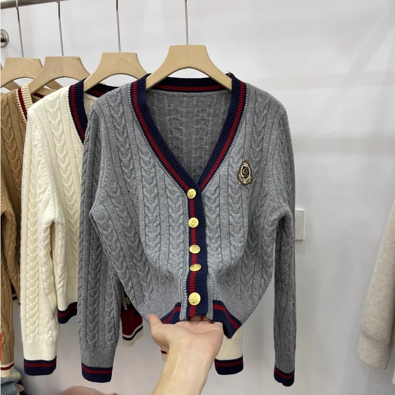 England Style Retro Women Gray Cardigan Knitted Sweater Preppy Style Embroidery Y2k Jacket Coat Female Winter V-neck Tops 2025