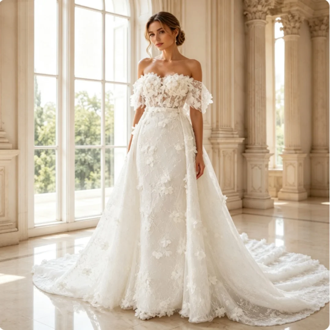 Custom Off Shoulder 3D Floral Lace Wedding Dress 2026 Detachable Train A Line Romantic Forest Style Bridal Gown