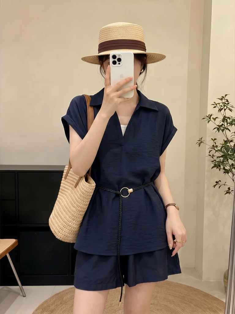 plus Size Women's Summer Fashion Set Ultra Popular Fake Two-Piece Shirt Shorts Combo High-End Feeling Royal Blue Casual Wear