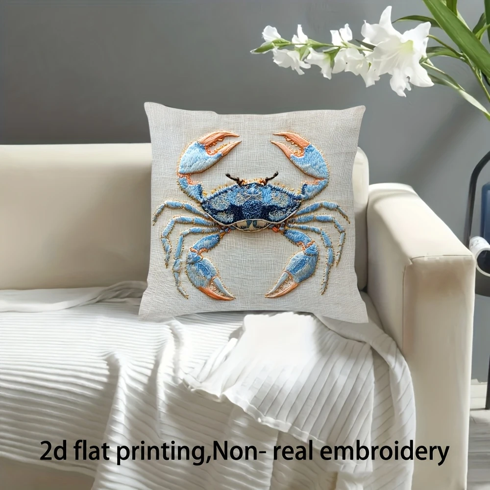 2D  Blue Crab Pillow Cover Coastal Nautical Linen Texture Cushion Case for Sofa Couch Beach House Ocean Home Decor
