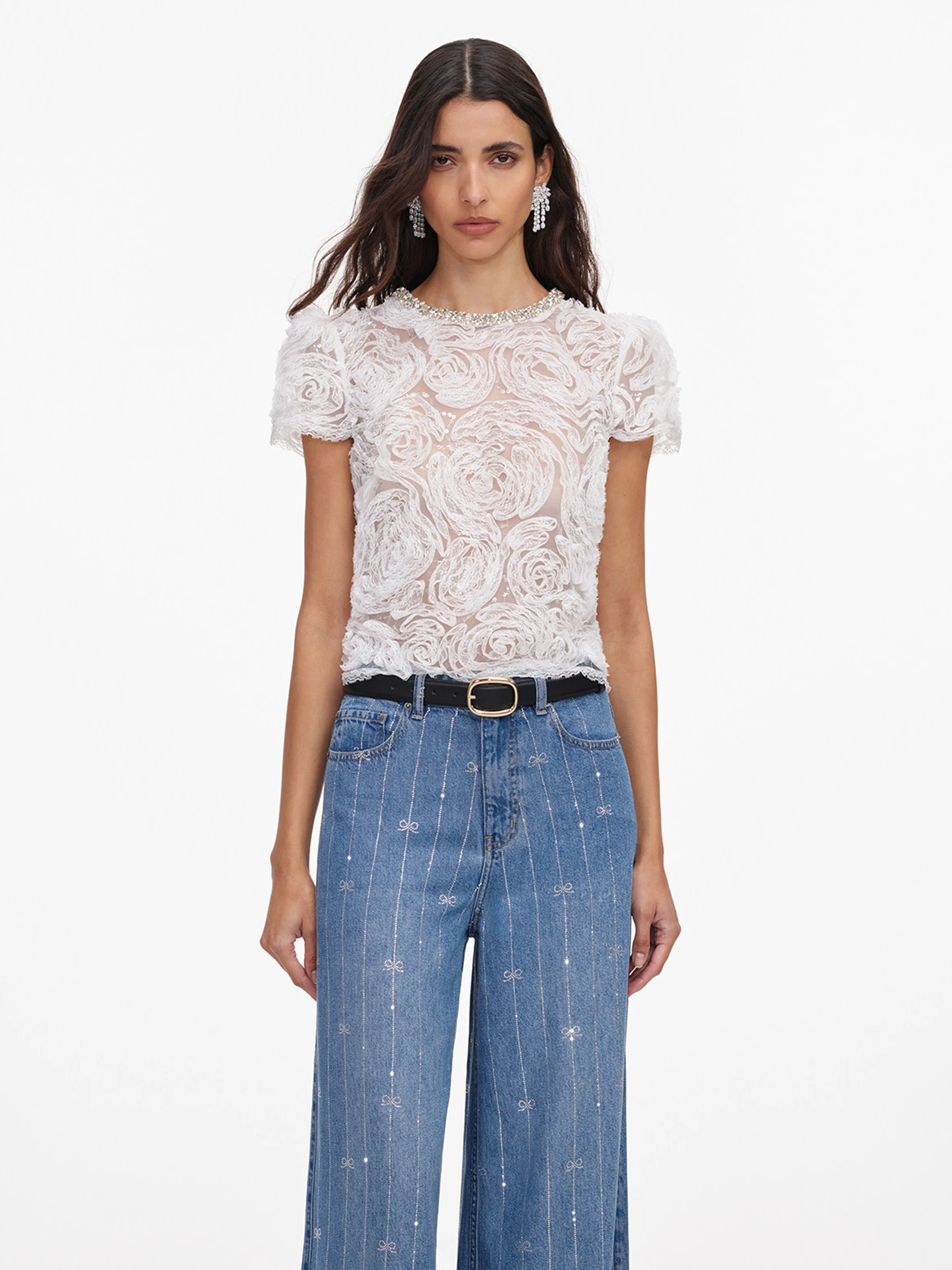 

Elegant Pure White Diamond Decorated Rosebud Lace Short Sleeve Women's Top Spring Summer New Arrival Straight Cut Nylon Polye...