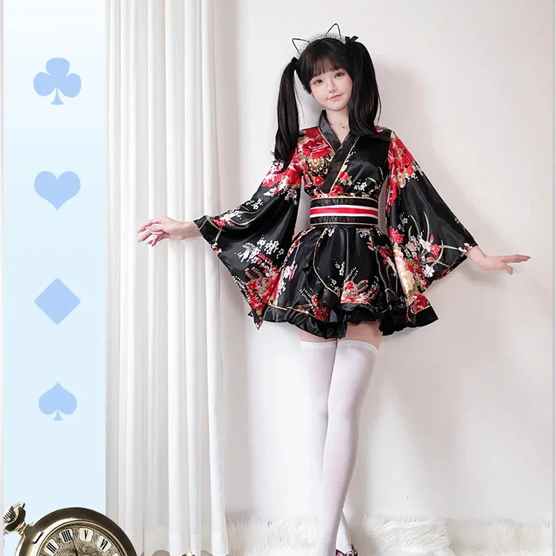 여성 일본 기모노 Raditional Cultural Cosplay Costume 멋진 드레스 게이샤 유카타 가운 꽃 Haori Set Kawaii Lolita Dresses