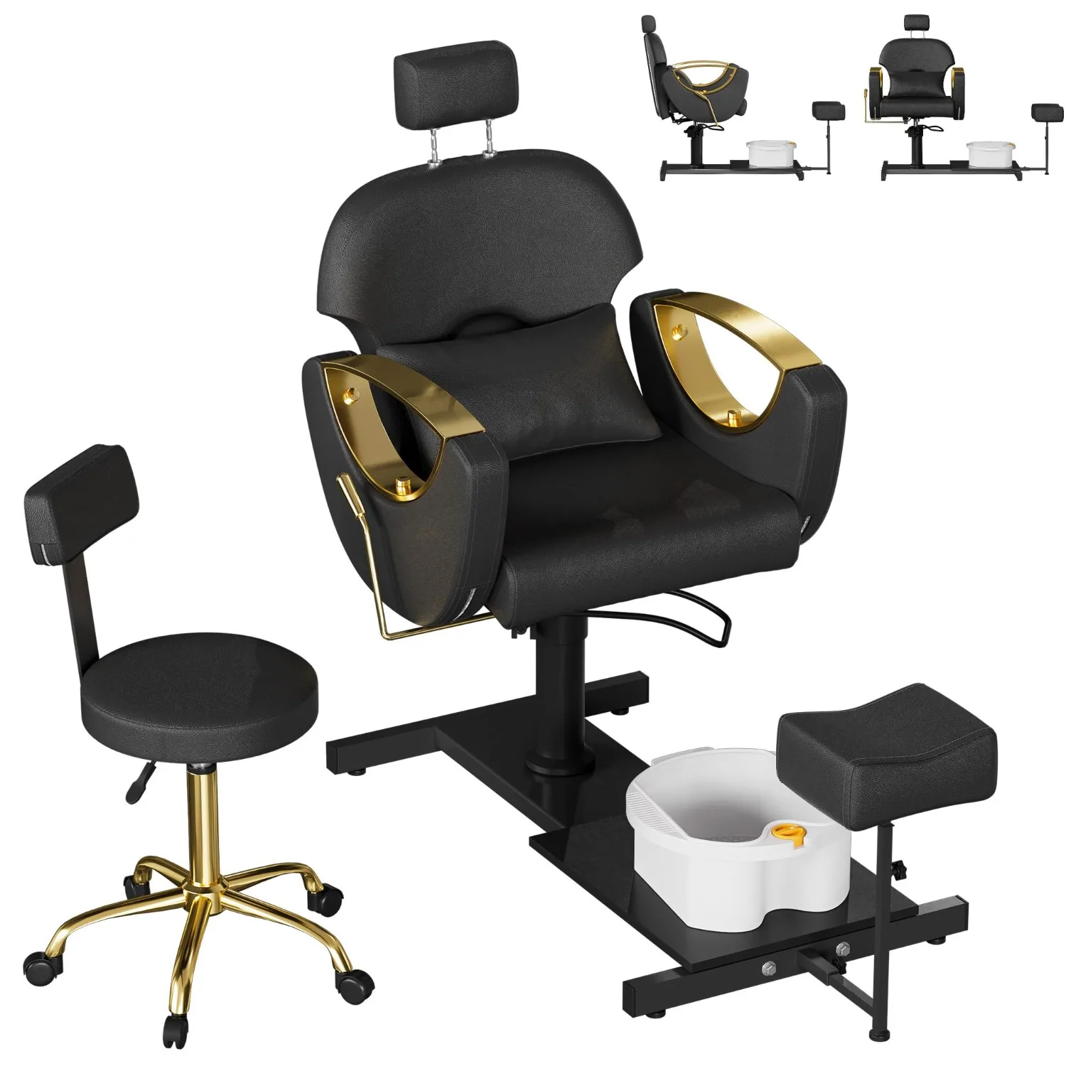 Pedicure Chair No Plumbing with Massage Bath,360°Swivel,Black Gold | Reclining Pedicure Station Unit,Adjustable