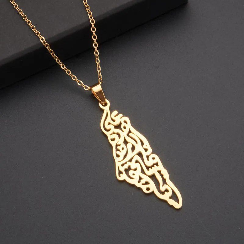Ethnic Arabic Calligraphy Palestine Map Pendant Necklace For Women Men Stainless Steel Jewelry view 3