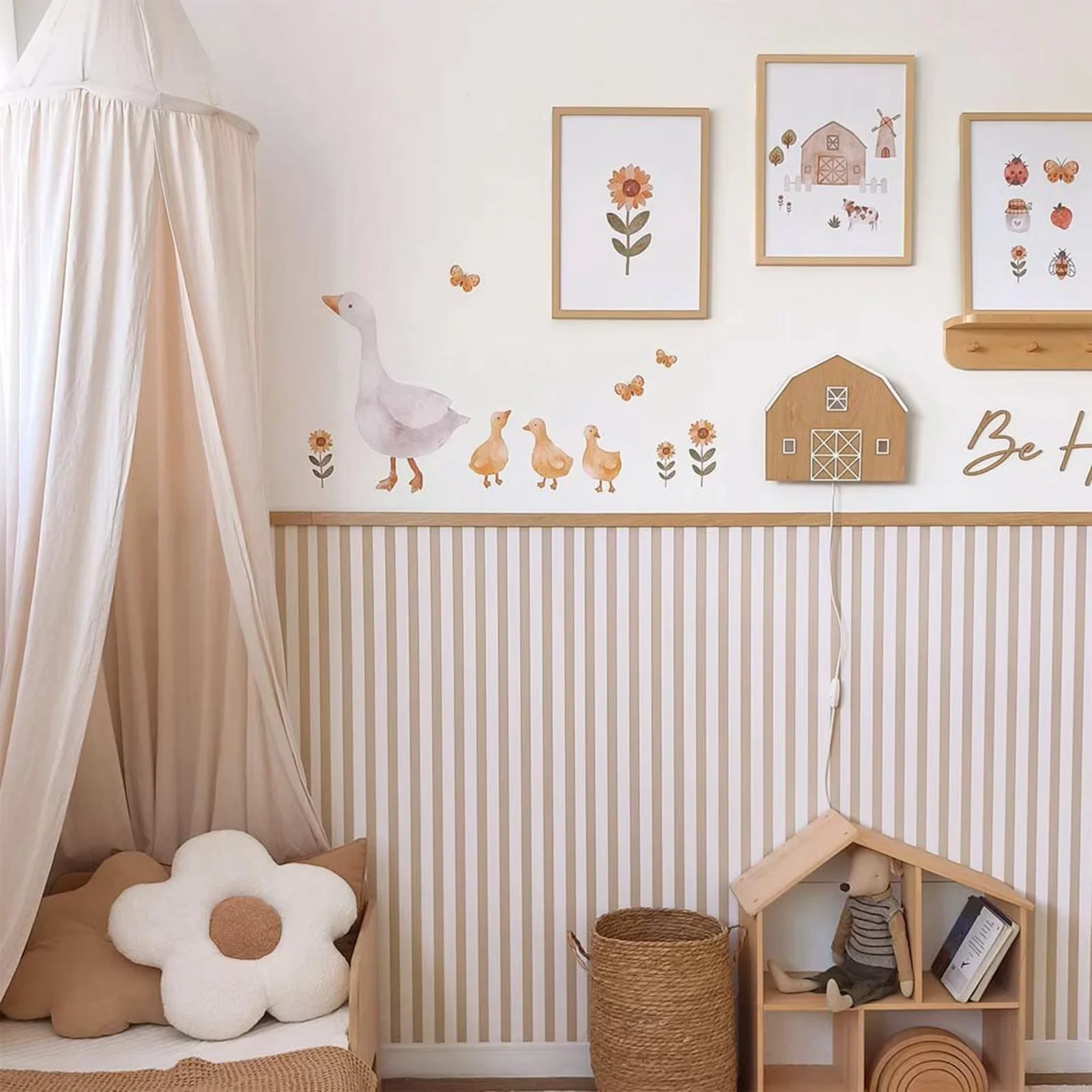 Wallpaper Stripes Lines Brown Moca, Peel and Stick Wallpapaer, Lines Wall Paper Wainscoting Style For Children's Home Decoration