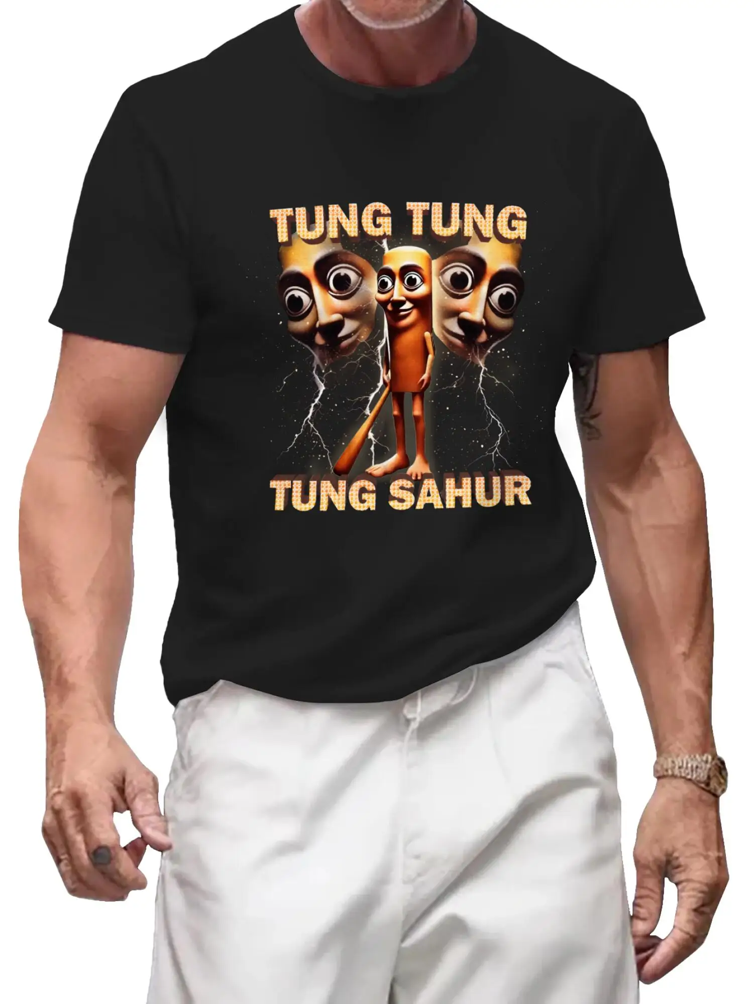 Men's Summer Casual Tung Tung Tung Sahur Funny Baseball Bat Meme Pattern T-Shirt, Sleeve Printed Round Neck T-Shirt, Cute Top