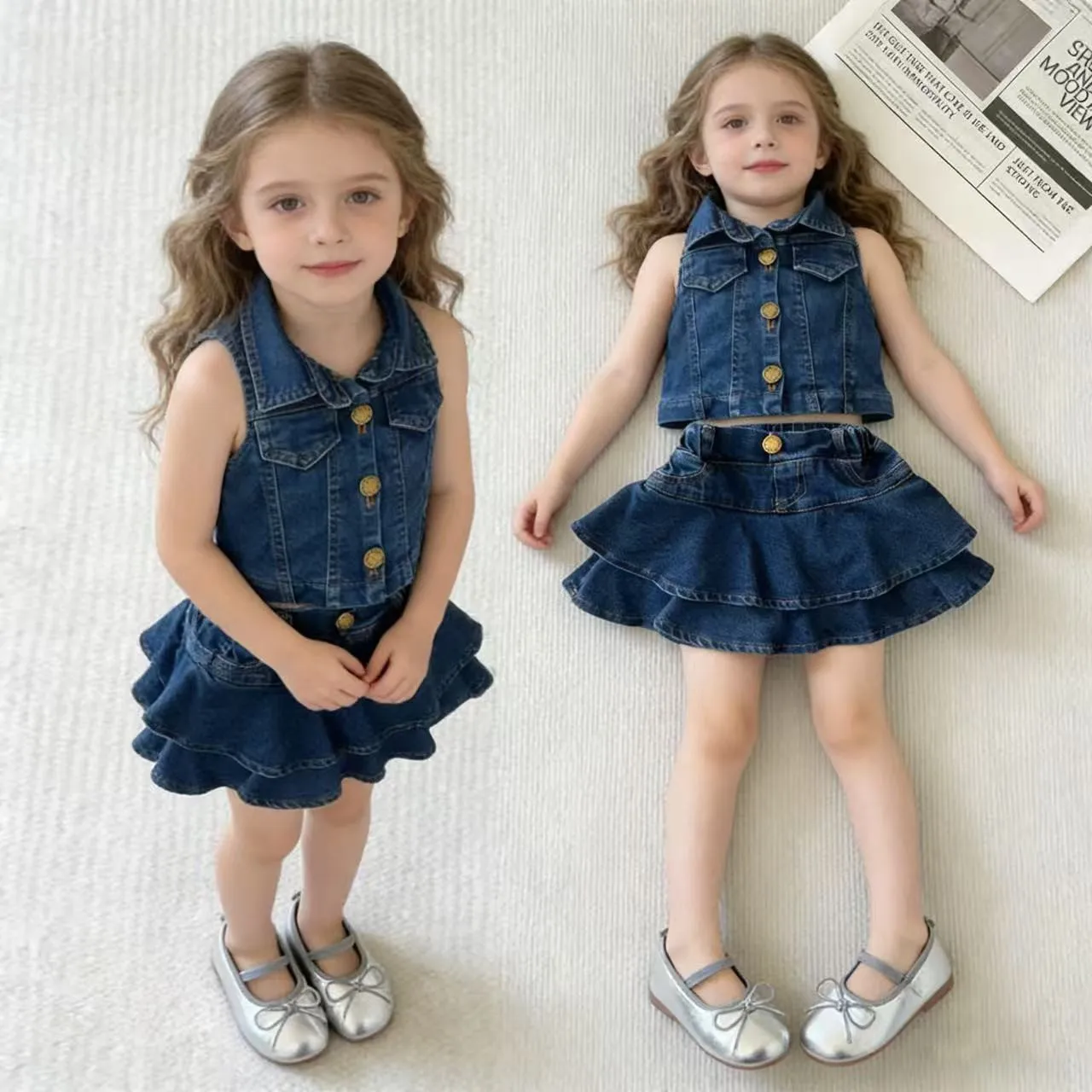 

Girls Suit Backless Top+denim Skirt Ruffled Skirt 2-piece Set for Outdoor Wear Denim Suit For Girls Kids Outfits