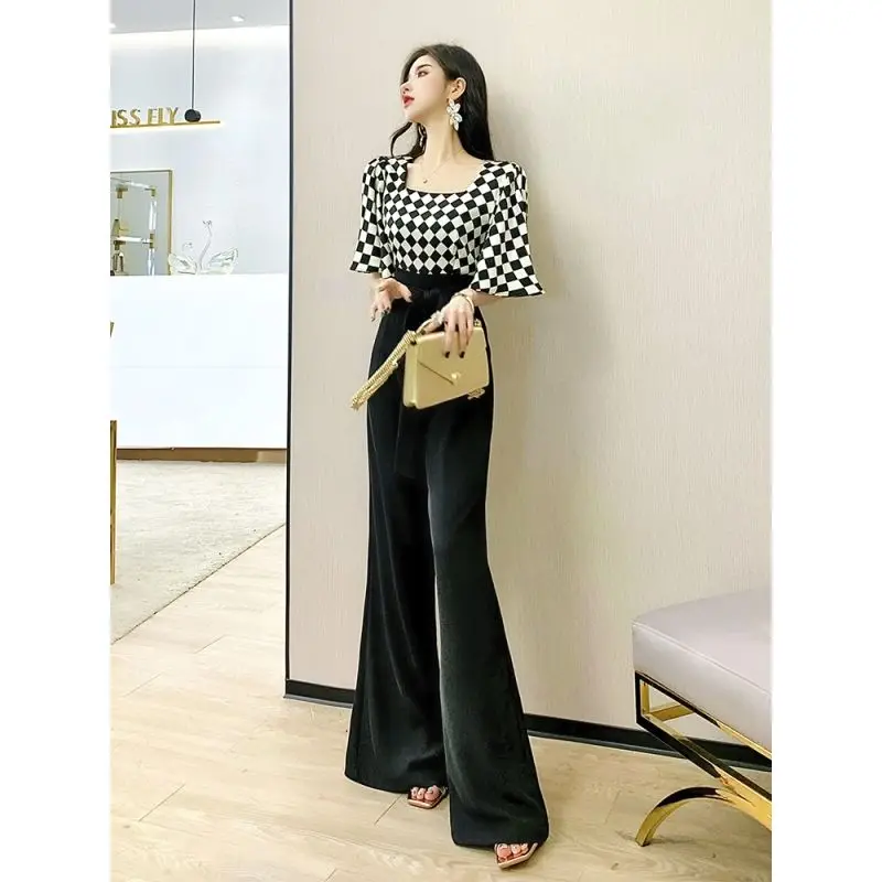 High Quality Fashion and Temperament Jumpsuit 2024 Summer New Women Plaid Square Neck Wide Leg Pants Jumpsuit Overalls