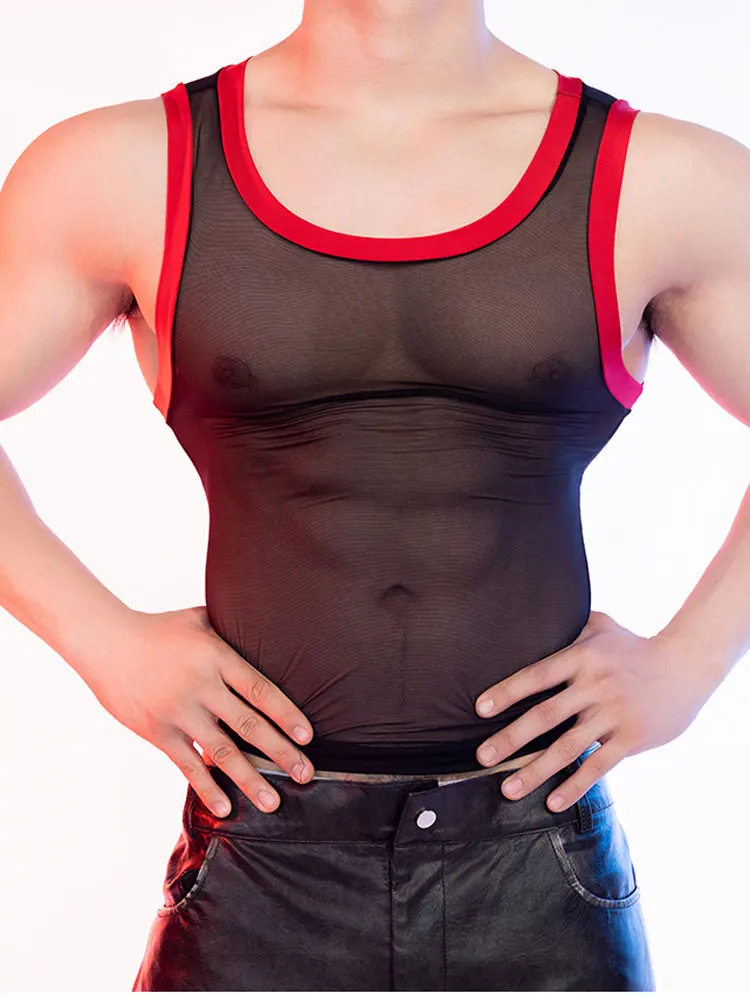 Sexy Thin Transparent Mens Clothing Tank Tops Exotic Breathable Gym Men Sleeveless Shirt Night Club High Elastic Vest Shaper