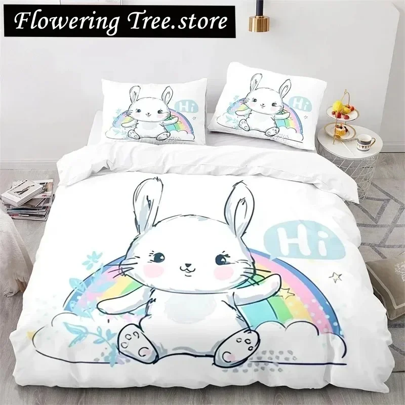 

Cartoon Animal Duvet Cover Cute Rainbow Rabbit Bedding Set Microfiber Wildlife Quilt Cover Twin Size For Girls Boys Kawaii Room