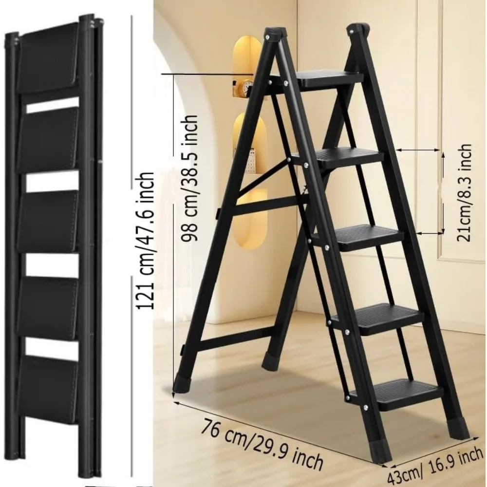 Tangga Lipat Portabel 5 Langkah dengan Pedal Lebar Anti-Selip, Tangga Aluminium Ringan untuk Kantor