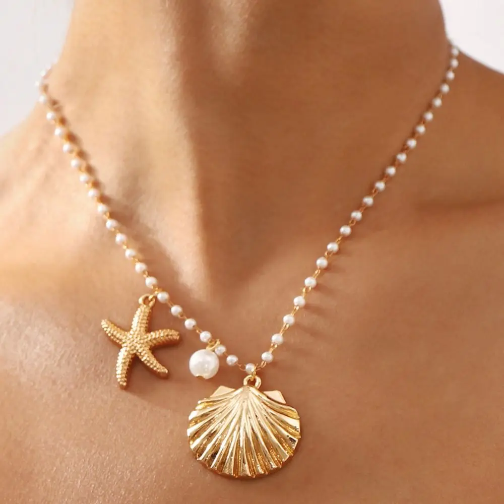 Seaside Vacation Starfish Shell Collarbone Chain Sweet Bohemian Style Ocean Style Necklace Vintage Jewelry Women Pearl Pendant