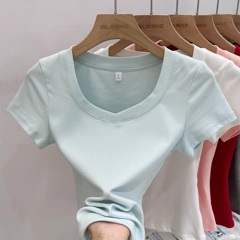 

Zjaiss 2025 Summer High Quality Casual V-Neck Women T Shirt Sexy Slim Short Sleeves Fashion Trend Solid Clothing Y2k Tops
