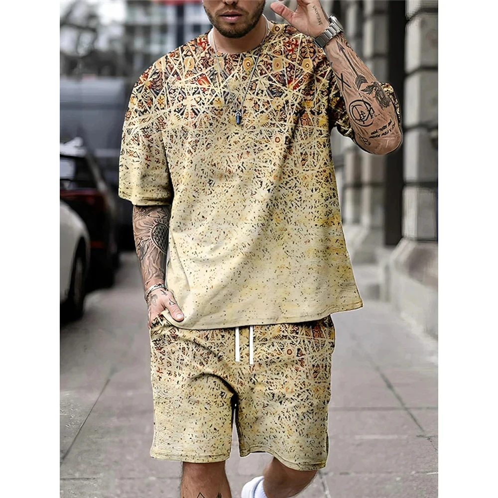 

Summer Vintage Print Men's T-Shirt Set O-Neck Short-Sleeved Top Summer Men Set Street Style Oversized Graphic 2Pcs Men Clothing