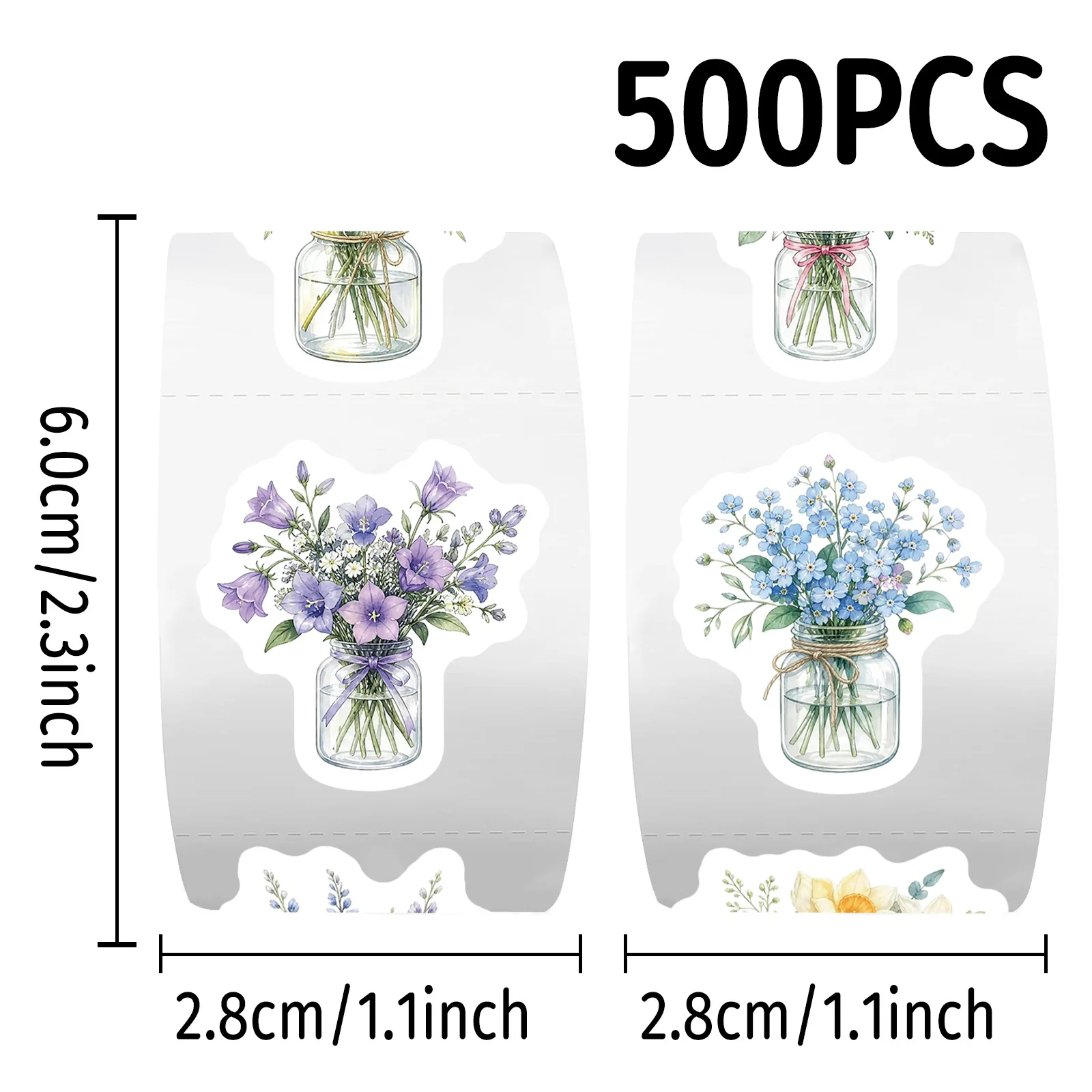 500Pcs Ins Floral Vase Bouquet Roll Stickers Watercolor Flower Seal Decals for Gift Box Journal Scrapbook Girls DIY Craft Decor