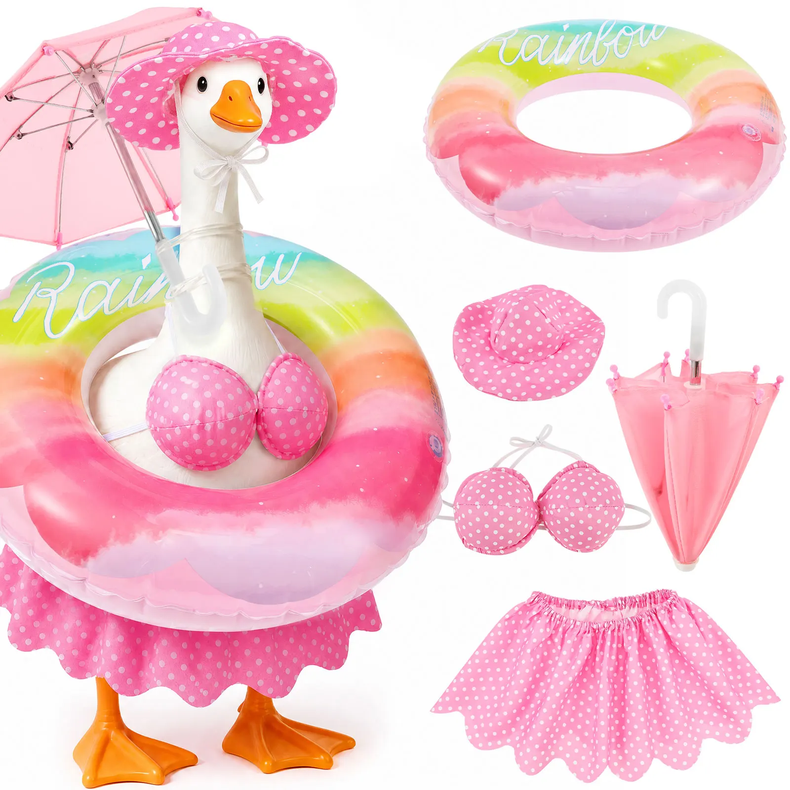 23 Inch Hawaiian Porch Goose Outfit Summer Porch Goose Statue Clothes Costume with Hat & Swim Ring for Outdoor Patio Yard Decor