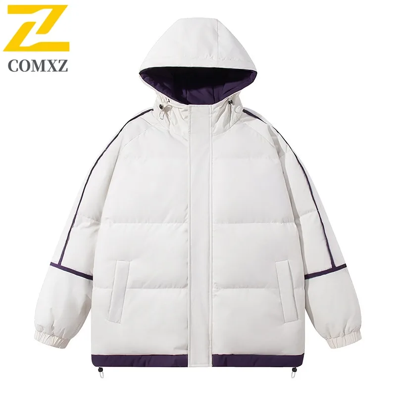 COMXZ 2025 الرجال كتلة اللون مخطط مقنعين سترة قطن الشتاء سميكة الدافئة فضفاضة تناسب العصرية الشباب معطف خفيف الوزن