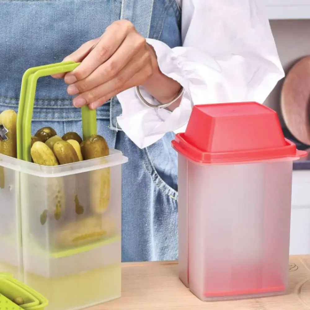 Tarro de pepinillos reutilizable para el hogar con colador, contenedor de pepinillos sin BPA, tapa abatible, caja de almacenamiento de alimentos de plástico, aceitunas