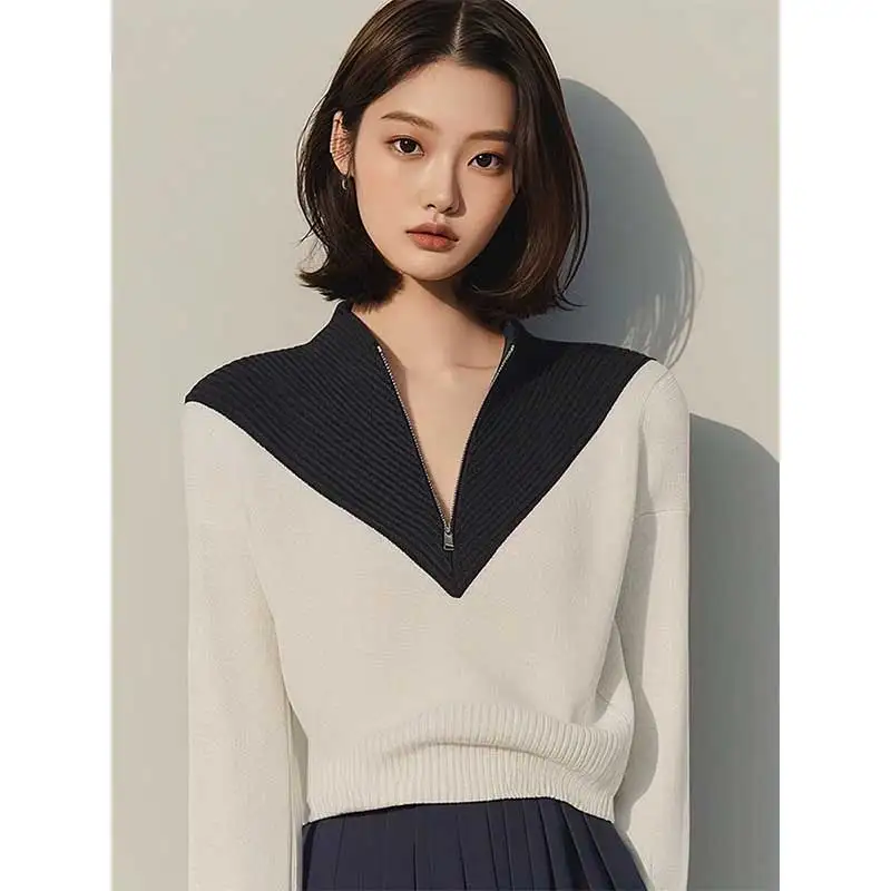Women Clothing Spring Autumn Fashion Korean Zipper Color Blocking Half High Collar Female Knitting Sweater Long Sleeve Pullovers