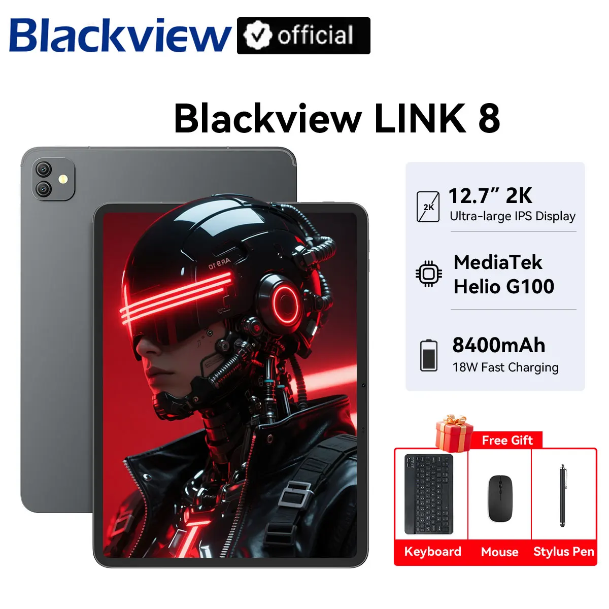 Blackview LINK 8 Tablet 12.7" 2K, 18W Fast Charging 16MP Camera MTK Helio G100 RAM 12G ROM 256GB 8400mAh Gaming/Office Tablet