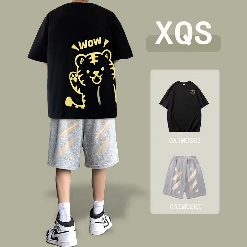 Men's Sports Suit Korean High Street Fashion Cotton T-shirt Shorts Two Piece Set Casual Men's Clothing Tiger Graphic Tee Pants