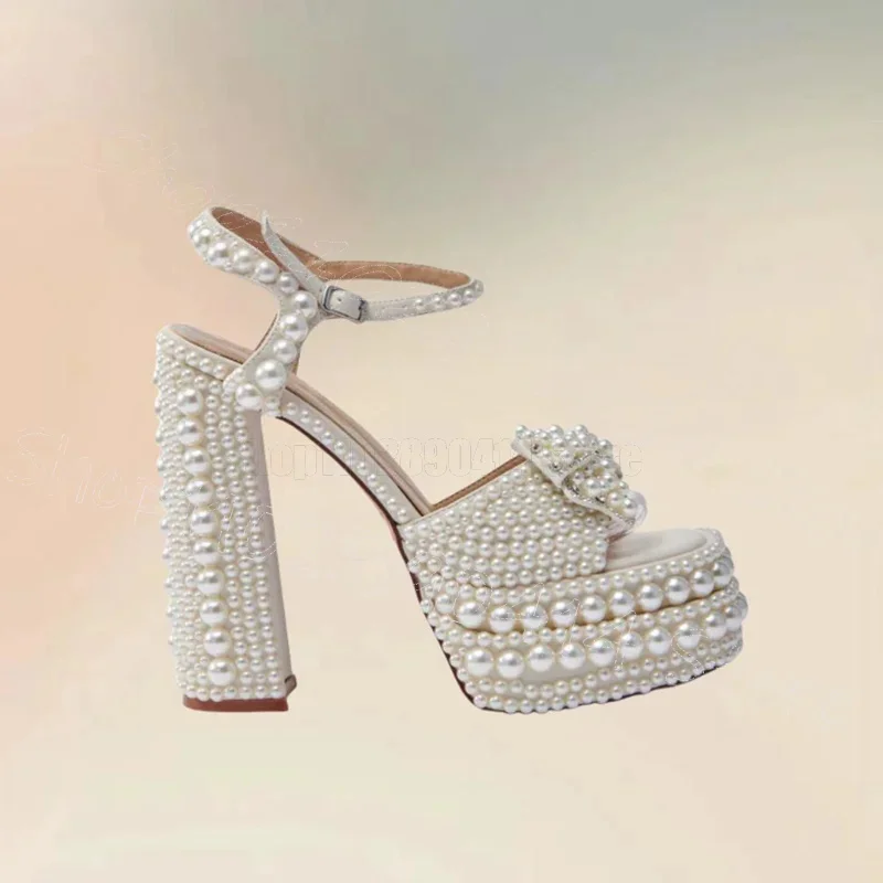 

White Pearl Bow Knot Open Toe Platform Sandals Buckle Strap Women Shoes Chunky High Heels Party Banquet 2025 Zapatos Para Mujere