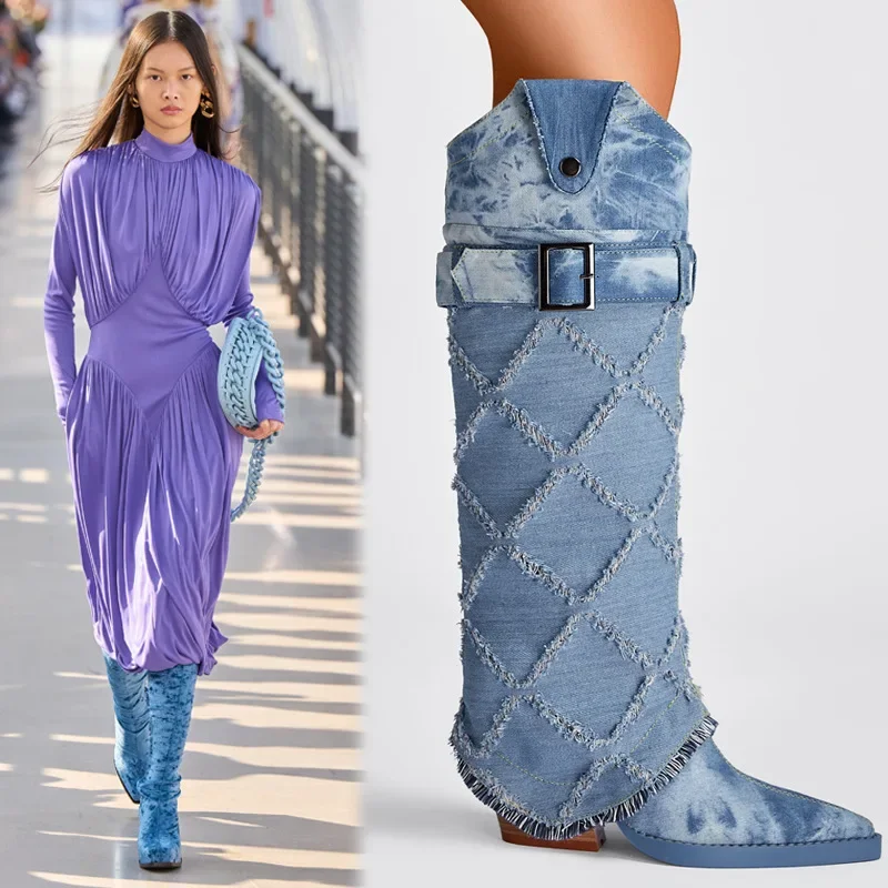 Blue Denim Wedge Heel Knee Boots Pointed Toe Checked Lace Trouser Botas Belt Buckle Slip On High Heel Botines Chelsea Women Shoe