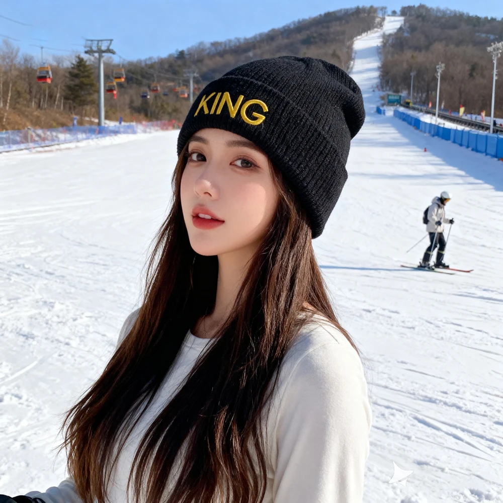 قبعتان شتوية محبوكة مطرزة ثلاثية الأبعاد بشعار KING and QUEEN، أغطية رأس ناعمة ومريحة وعصرية للنساء في الشتاء