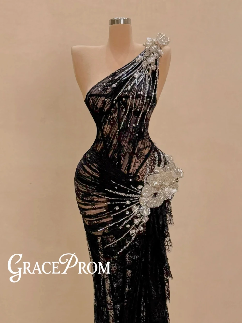 

Black Sheer Lace Evening Dress Women Sexy One Shoulder Beads Rhinestone Mermaid Prom Dress Slim Fit Formal Party Customized Gown