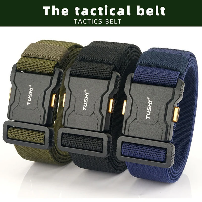 

Luxury Metal Quick Release Pluggable Buckle Elastic Belt For Men Durable Tactical Belts Cowboy Outdoor Stretch Army Belt Hunting