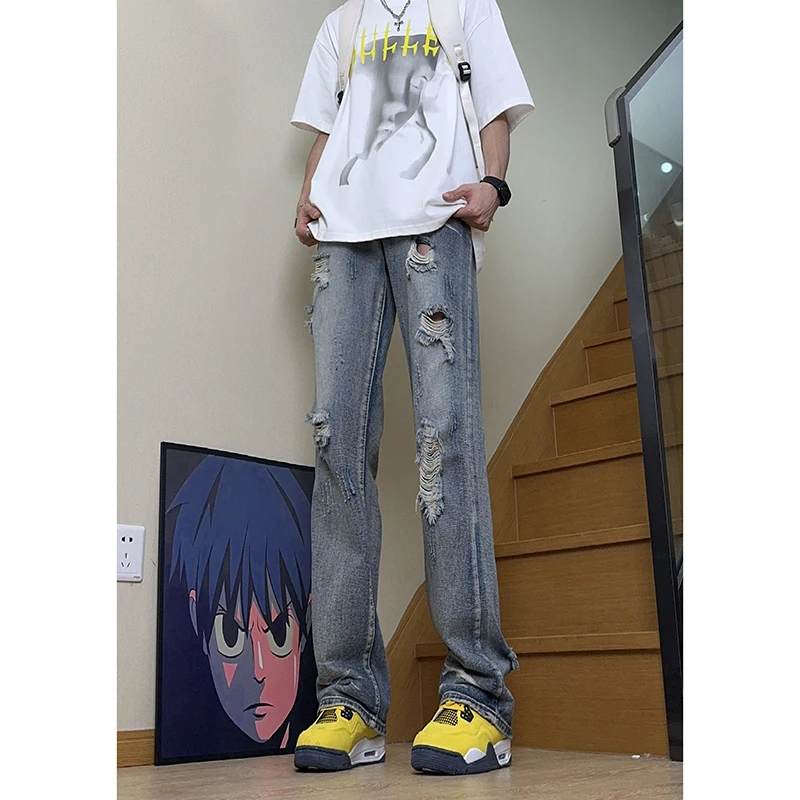 

Blue Men's Ripped Jeans High Street American Style Long Straight Leg High Waist Extended Length Youth Fashion Wear Resistant