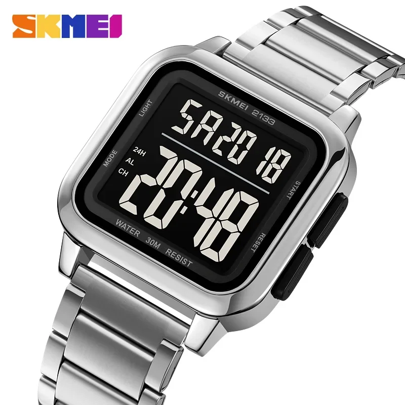 SKMEI 2133 Luxury Stainless Steel Light Sport Fashion Watch Mens 3Bar Waterproof Digital Wristwatches Male Alarm Reloj Hombre