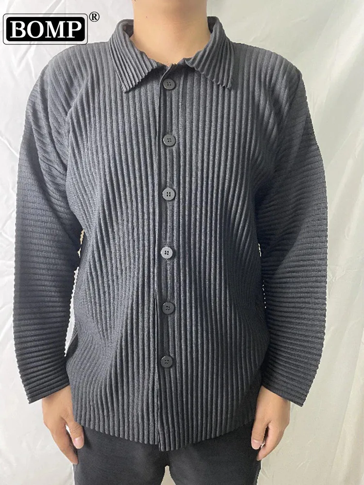 [BOMP] 2024 autunno uomo camicia a maniche lunghe con risvolto pieghettato per uomo donna maniche, giacca Casual allentata, Top, giacca nuova moda