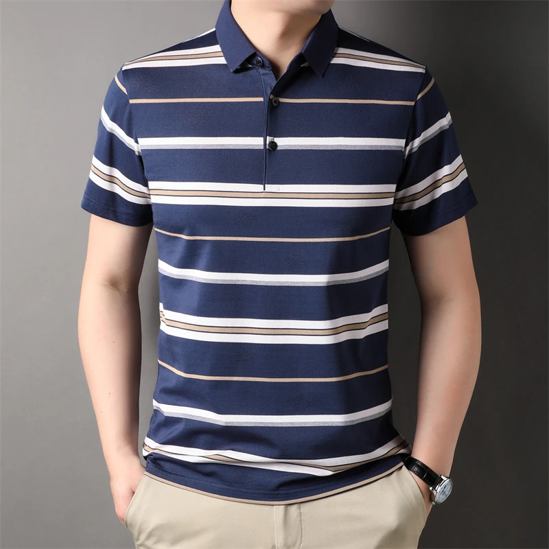 Yarn Dyed Fabric Luxury Polo Shirts For Men Short Sleeve Striped Summer Quality Cotton Blends Oversized Casual Camisas De Hombre