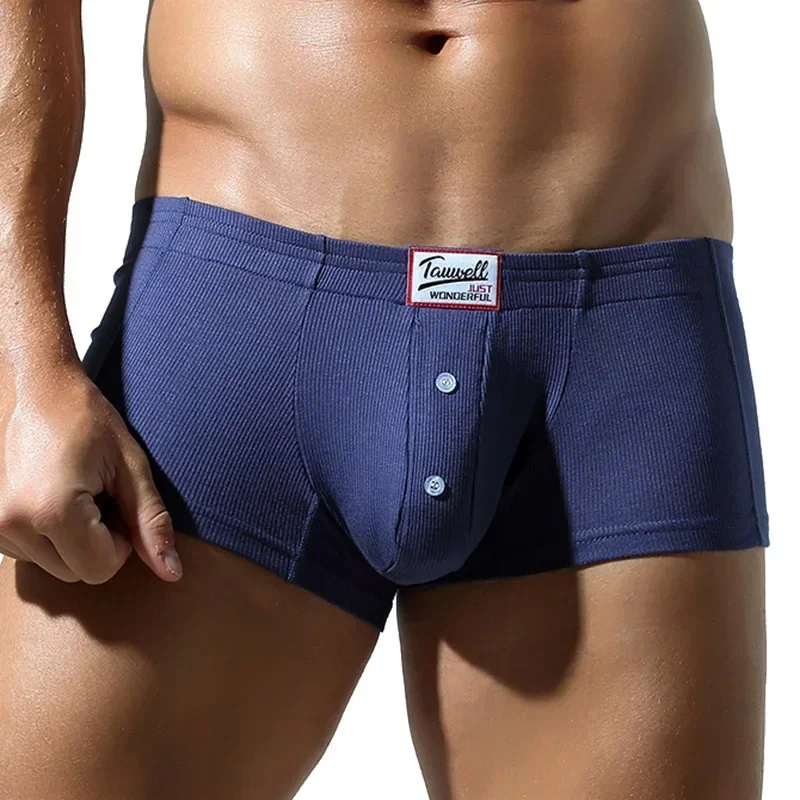 Men's Simple Trunk Ribbed Cotton Breathable Comfortable Boxer Shorts Low-Rise Bulge Pouch Buttons Sewat Absorption Sports Pantie