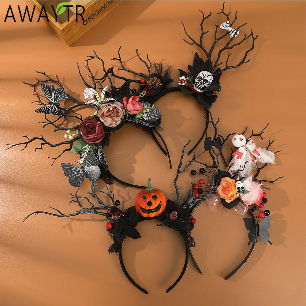 AWAYTR Halloween Scary Skeleton Headbands Mesh Plastic Pumpkin Wide Headband Hair Accessories For Women Festival Headwear