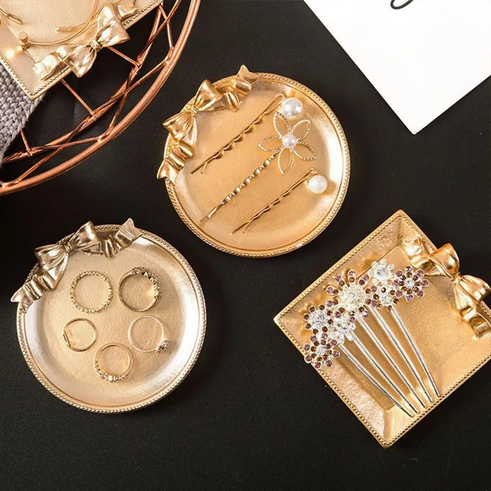 Bow Resin Jewelry Tray Matte Gold Ring Dish Trinket Holder Vintage Style Storage Organizer for Rings Earrings Necklaces Hairpins