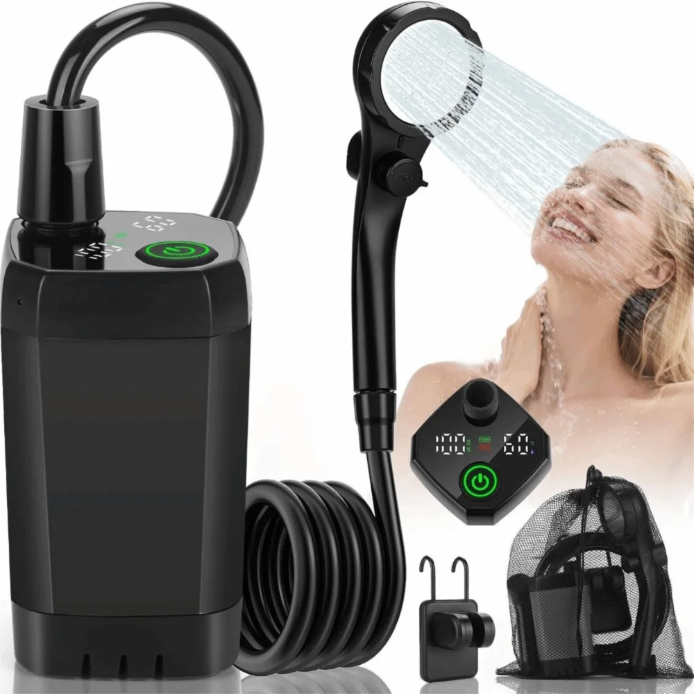 6000mAh Portable Camping Shower Intelligent LED Display Dual Speed Mode Outdoor Shower Set Temperature Display Waterproof